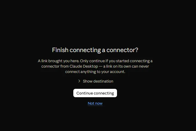 Schermata di sicurezza di Claude Desktop con il pulsante Continue connecting