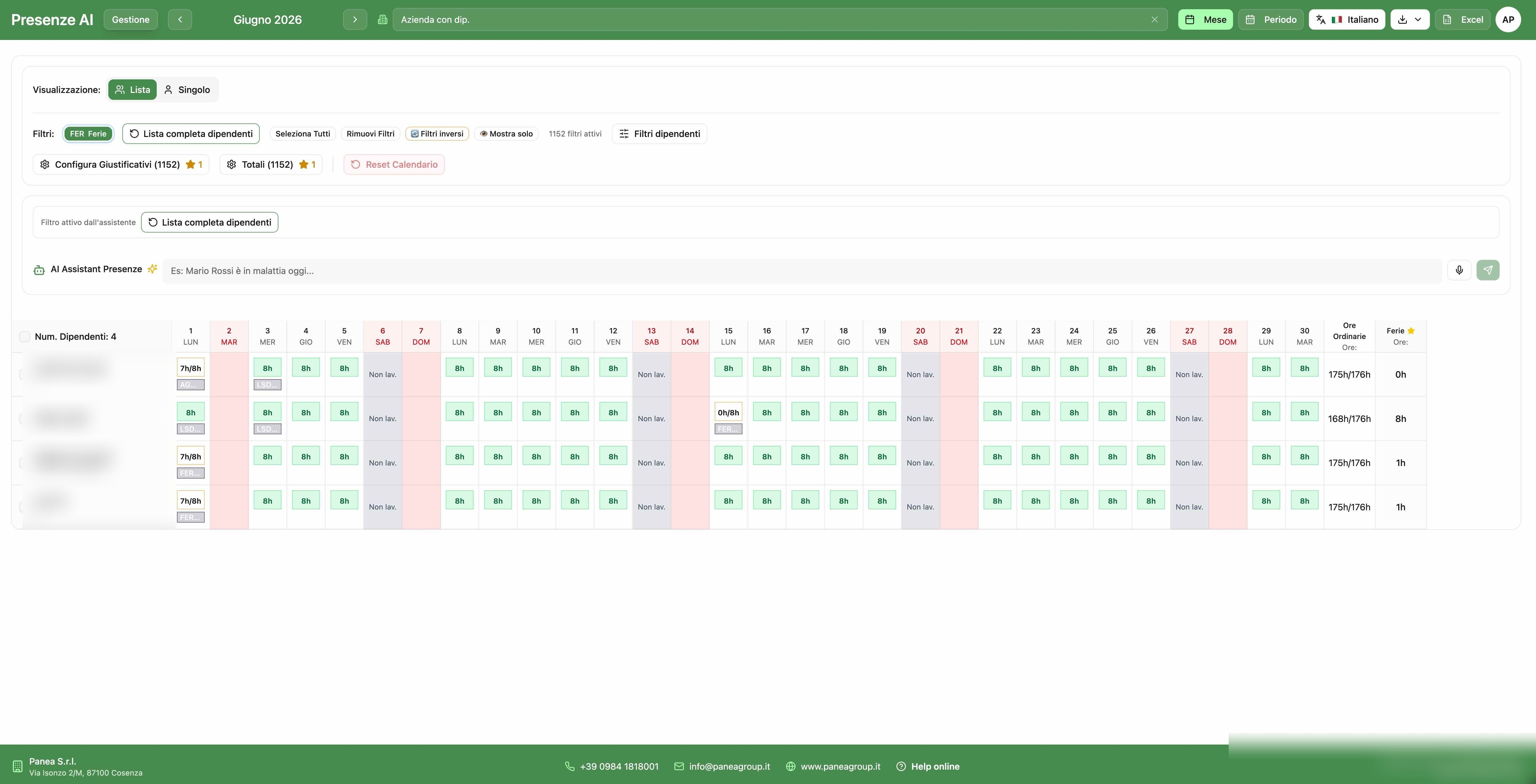 Interfaccia Presenze AI con inserimento vocale e visualizzazione calendario mensile