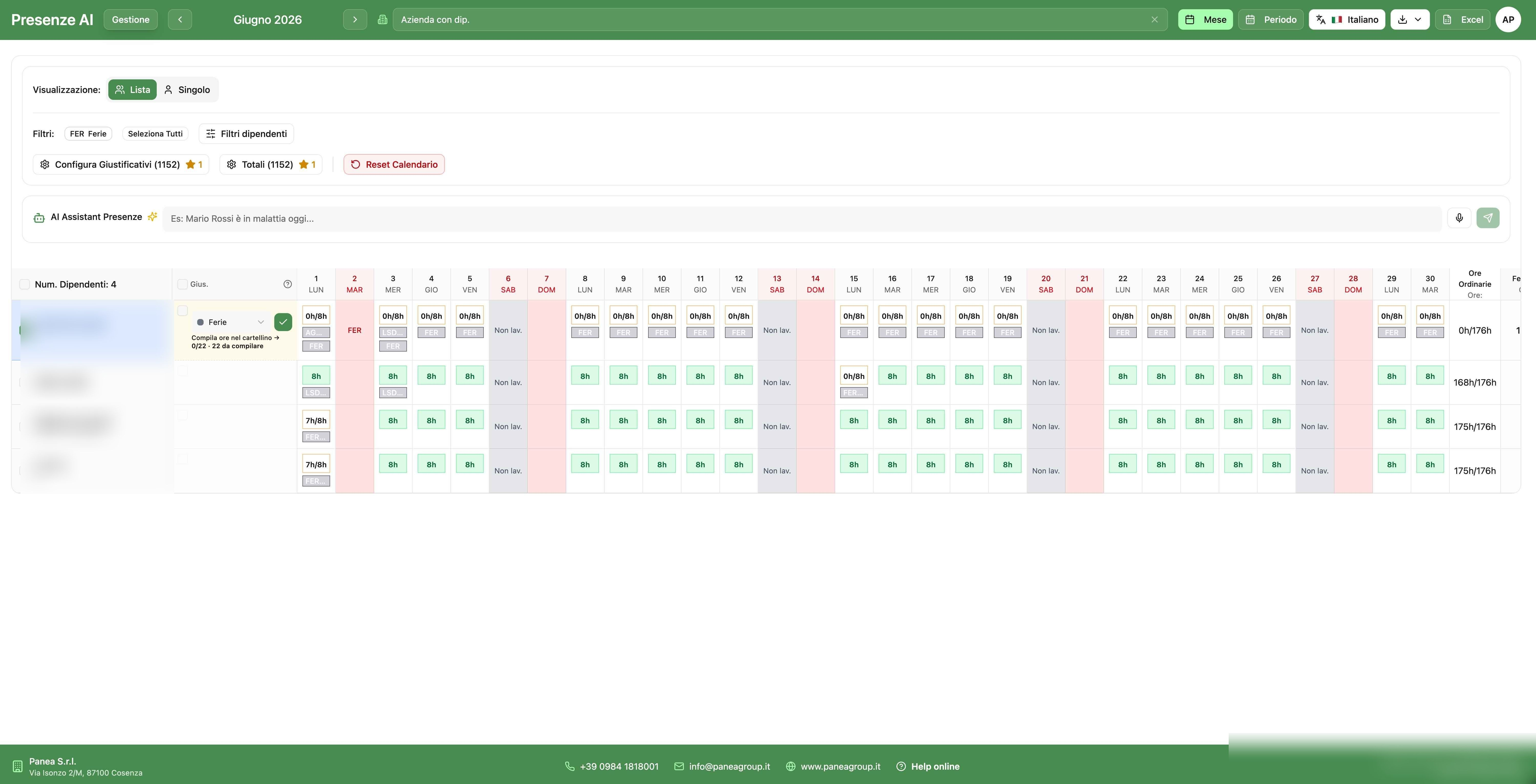 Calendario interattivo Presenze AI con drag and drop e validazione in tempo reale